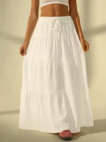 SHEIN Tall Women's Solid Color Waist Tie Ruffle Hem Casual Skirt - White - View 4