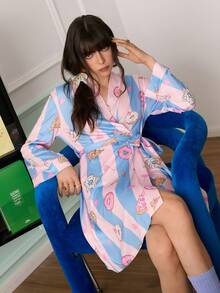 Chillnights 年轻活力趣味披萨、甜甜圈、爱心、棒棒糖和条纹印花短款睡袍，女士睡衣睡袍，睡袍，女士睡衣，Bonmuse 女士睡袍，女士睡衣套装，女士睡衣派对套装，女士睡衣套装，女士两件套睡衣套装，女士睡袍，印花睡裙，和服睡袍 - 彩色 - 查看 4