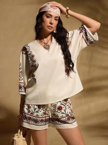 Breezaya 印花短袖上衣和短裤套装，优雅休闲，适合夏季海滩、度假、日常穿着、通勤、办公室、商务、派对、约会等场合。女士两件套，夏季女士度假套装，波西米亚风套装，女士夏季套装，女士度假套装，沙滩装。 - 彩色 - 查看 1