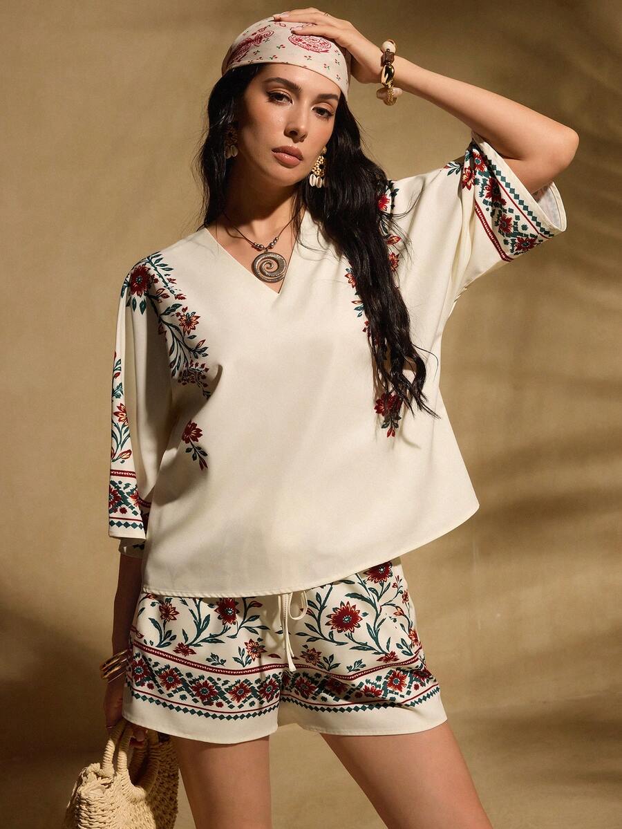 Breezaya 印花短袖上衣和短裤套装，优雅休闲，适合夏季海滩、度假、日常穿着、通勤、办公室、商务、派对、约会等场合。女士两件套，夏季女士度假套装，波西米亚风套装，女士夏季套装，女士度假套装，沙滩装。 - 彩色 - 查看 1