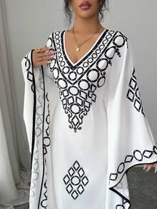 Elenzga Latest Spring & Summer V-Neck Loose Batwing Sleeve Long Dress, Black & White Fashionable Design Sense Dress For Women - Black and White - View 8