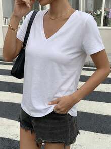 Livesso Women's Solid Color V-Neck Short Sleeve Casual Loose T-Shirt,Business Casual Women Preppy Tops - White - View 16