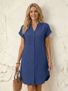 EMERY ROSE Women V-Neck Blue Jacquard Button Decor Short Dress, Suitable For Spring/Summer - Blue - View 6