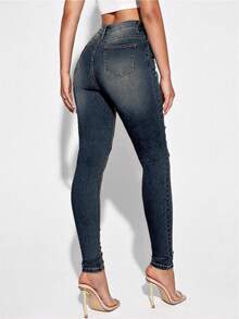 SHEIN Essnce High Waist Ripped Skinny Jeans - Dark Wash - View 2
