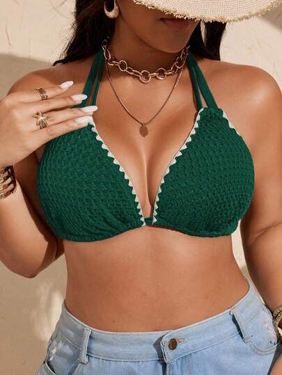 Plus Size Women Deep V Neck Drawstring Shoulder Strap Floral Trim Swimsuit Top, Summer Beach Vacation