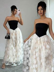 Elenzga Vestido floral tomara que caia primavera/verão, preto, com bordado 3D em tule, elegante e sensual, perfeito para férias, festas e casamentos. Modelo vintage com cintura marcada e corte em A, sem mangas. - Multicolorido - Ver 1