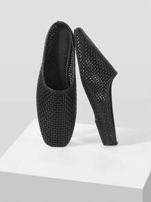 Mnmlis 女士精致镂空平底鞋，时尚舒适方头优雅平底鞋 - 黑色 - 查看 2