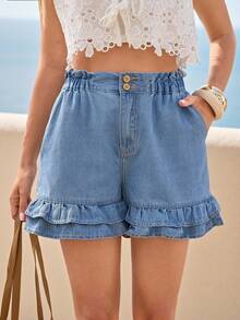 Breezaya Short en jean à double volant avec poches pour femmes - Bleu azur - Voir 8