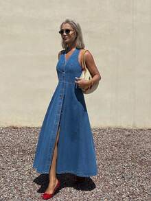 DAZY 女士休闲度假风无袖牛仔连衣裙，春夏款 - 藍色 - 查看 5