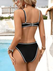 Brillora Bộ bikini hở lưng phối viền tương phản, phong cách nghỉ mát mùa hè dành cho nữ - Đen và trắng - Xem 2