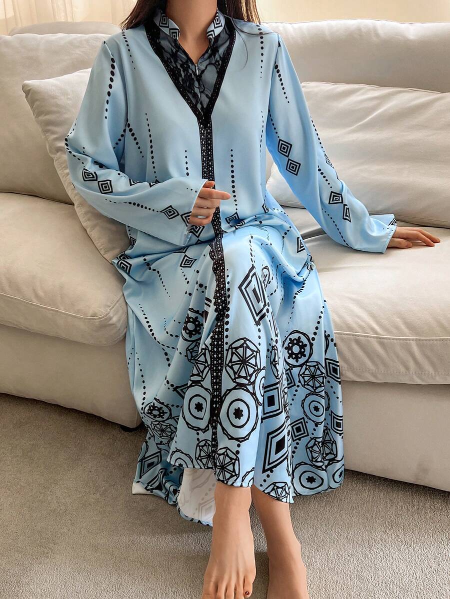 DAZY Geometric Pattern Allover Print Satin & Lace Patchwork Loose Robe For Women Pajamas - Blue - View 1