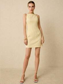 Poéselle 女士纯色圆领无袖休闲迷你连衣裙 - 黃色 - 查看 6