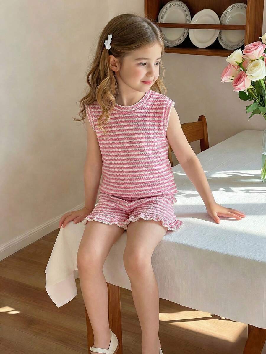 SHEIN Playful Pals 女童（小号）粉色提花针织无袖上衣和短裤套装，夏季休闲简约日常穿搭 - 粉色 - 查看 1