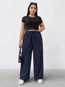 SHEIN Essnce 大码女装春夏时尚休闲宽松舒适日常百搭基础款纹理面料弹力腰阔腿裤，多种颜色3条装，女式下装，春季女装，简约风格 - 彩色 - 查看 7