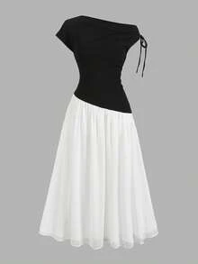 Teen Girl Casual Everyday Comfortable Fitted Splice Contrast Color Asymmetric Hem Dress - Black and White - View 3