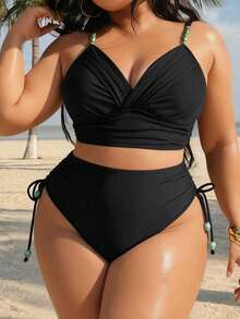 Swim Vcay Bộ đồ 2 mảnh dành cho nữ cỡ lớn, áo cổ chữ V và quần short kiểu retro thanh lịch với họa tiết vỏ sò, trang phục đi biển gợi cảm và sành điệu cho kỳ nghỉ hè. - màu đen - Xem 3