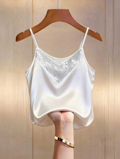 GlowEve CURVE Áo camisole ôm dáng, màu trơn, chất liệu satin phối sequin, thời trang mùa hè cho nữ, thích hợp dự tiệc.