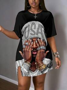 Slaydiva 黑色印花T恤，春夏新品，适合音乐节、Y2K街头风、甜美网红风，日常约会必备，性感休闲无袖宽松圆领灰色人像印花T恤，黑色加大码Y2K加大码连衣裙 - 彩色 - 查看 4