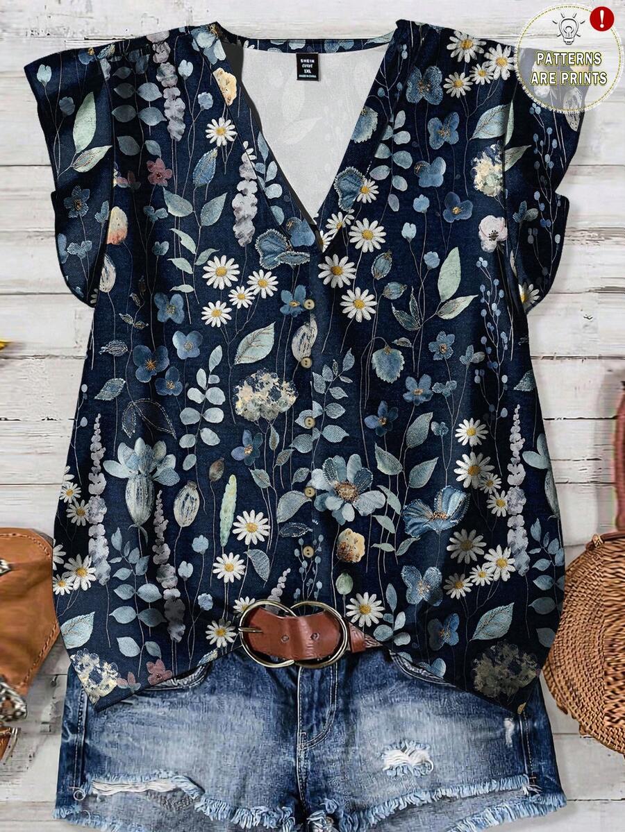 EMERY ROSE Camisa informal minimalista de talla grande para mujer con estampado floral de margaritas texturizadas, adecuada para el verano - Multicolor - Ver 1