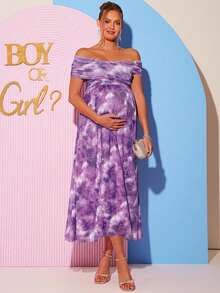 Loomaby Maternity All-Over Print Ruched Off Shoulder Short Sleeve Dress - Purple - View 4