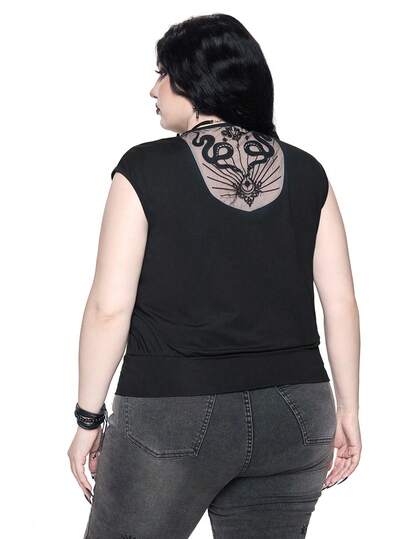 ROMWE Áo thun nữ cỡ lớn in họa tiết da rắn hoa văn Gothic và phối lưới