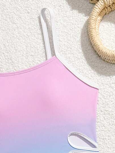 SHEIN Tween Mädchen Teenager 2 Stücke Tankini Badeanzug Set, Farbverlauf Pink Lila Blau, ärmelloses Crop Top mit Taille Blumen Ausschnitt, rosa Boyshort Hose, süßer Y2K Stil geeignet für Schwimmen, Surfen, Urlaub, Strand
