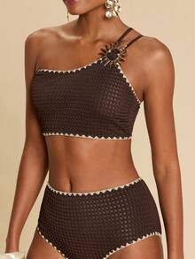 Travachic Bộ bikini nữ với viền kim loại tương phản, cổ áo bất đối xứng - màu nâu - Xem 1