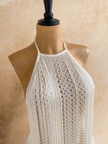 Soleia 春夏新款休闲度假西部海滩婚礼宾客礼服毕业早午餐圣帕特里克节春假复活节音乐节优雅波西米亚热带露背流苏吊带迷你连衣裙，适合情人节约会、派对等场合 - 白色 - 查看 4