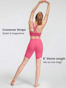 GLOWMODE 2 Pieces FeatherFit™ Sports Bra & 8'' Shorts Set Strappy Back Bra Tank Top With High Waist Side Pockets Biker Shorts Yoga Pilates Running Gym Summer - Blush Crush - View 3