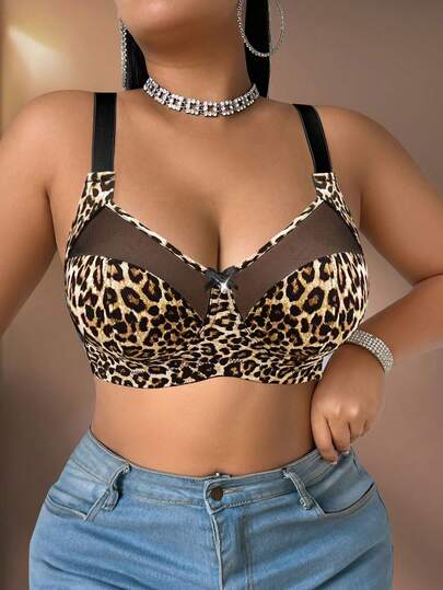 Bare Chapter Plus Size Women Leopard Print Patchwork Wireless Adjustable Strap Sexy Bra