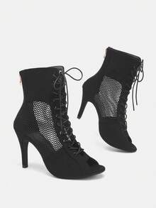 Giày sandal cao gót hở mũi, chất liệu lưới họa tiết da báo, thích hợp cho mọi mùa. - màu đen - Xem 6