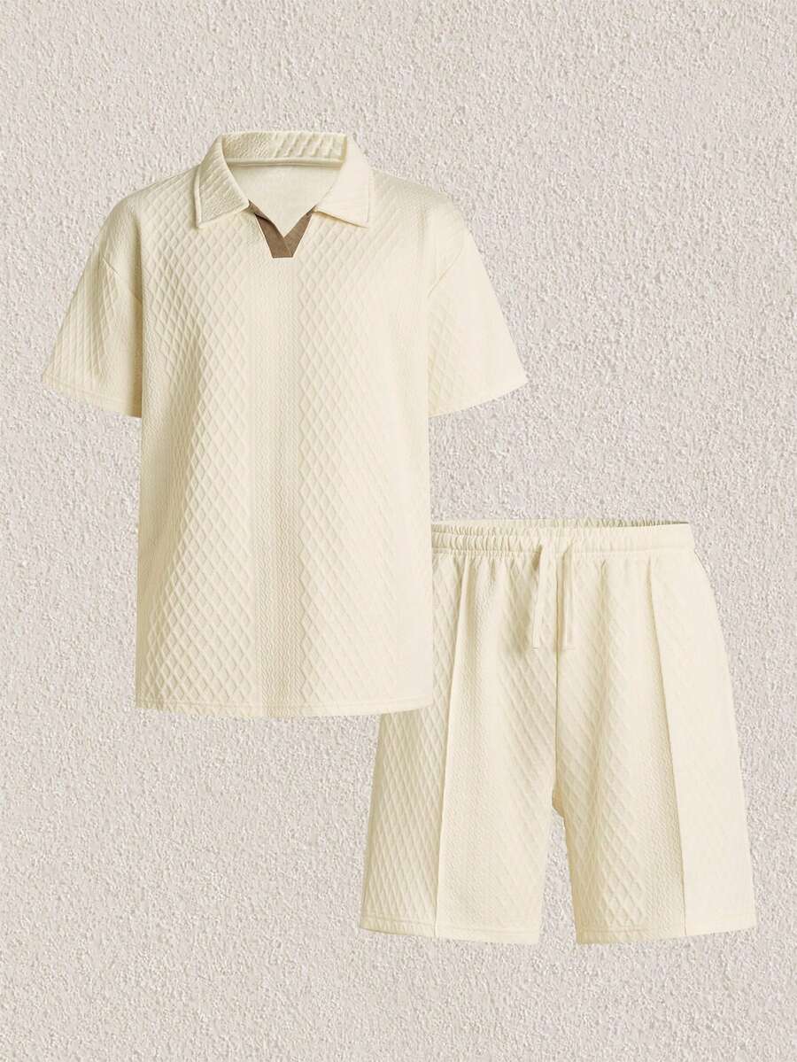 Mercer Haus Men's Casual Commuting Homewear Solid Color Versatile Sports Breathable Diamond Pattern Set - White - View 1