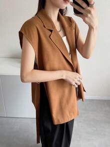FRIFUL Women's Loose Solid Color Lapel Summer Blazer Office Shades Of Brown Business Casual Western Outfits For Women - Orange - View 7