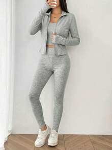 SHEIN EZwear 女士灰色花卉针织长袖上衣和紧身裤运动套装 - 彩色 - 查看 8