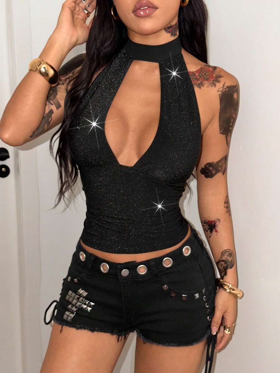 Coolane 女士春季街头风锐舞派对嬉皮朋克Y2K铆钉弹力黑色露背上衣 - 黑色 - 查看 1