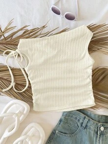 SHEIN Tween Girl Solid Color Asymmetrical Shoulder Tie-Up Ruffle T-Shirt - Apricot - View 2