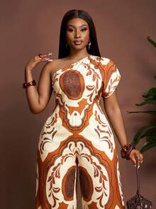 Veslaya 大码女式休闲印花阔腿连体裤 - 橘色 - 查看 7