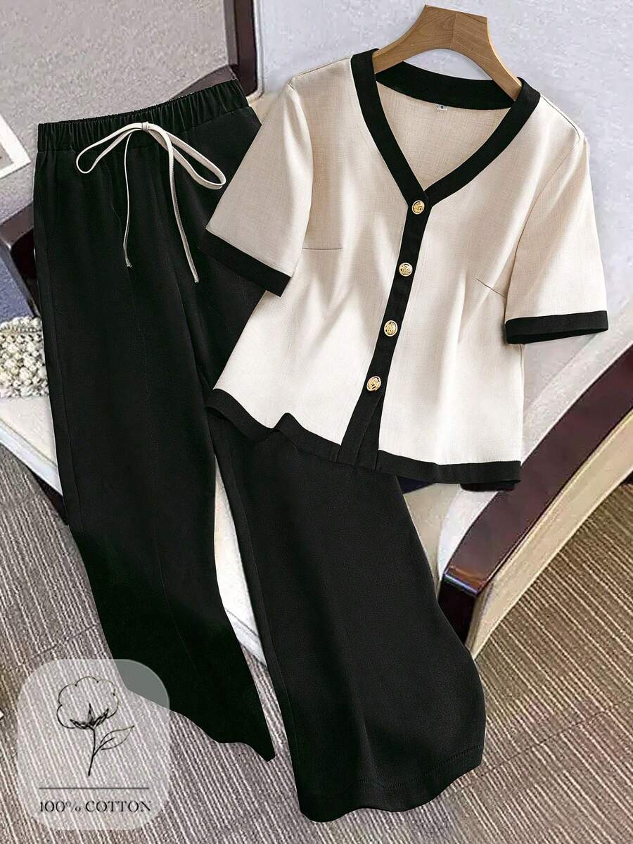 Franclia 2pcs Contrast Color Button Decor V-Neck Shirt And Casual Pants Set - Black - View 1