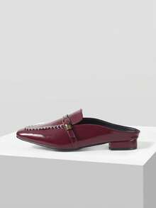 Mnmlis Retro Small Square Toe Mule Metal Buckle Women's Shoes, Lazy People Wear Atmosphere Half Slippers - Burgundy - View 4