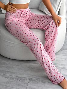 SHEIN Cotton Pink Striped With Strawberry Pattern With Fake Drawstring Detail Long Pants Homewear Comfort Casual Women Sleep Bottom - Pink - View 5