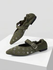 Mnmlis Sepatu Wanita Model Ujung Lancip dengan Desain Gesper, Sepatu Kasual Modis - Hijau Tentara - View 3