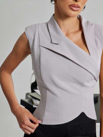 Hauture Áo blazer không tay dáng suông hai hàng khuy màu trơn gợi cảm dành cho nữ.