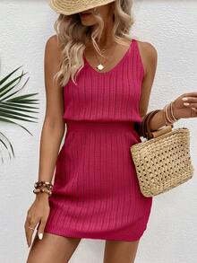 SHEIN Fashionable Versatile Hollow Crochet V-Neck Women Sweater Dress - Hot Pink - View 7