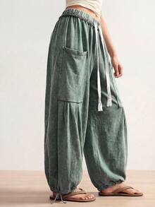 Bohemela Pantalones casuales sueltos con cordón en la cintura para tallas grandes - Verde militar - Ver 5