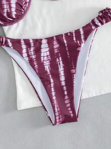 Breezaya Conjunto de bikini con tirantes plisados y aros, con diseño de fruncido lateral y estampado floral rojo vino, adecuado para vacaciones en la playa - Multicolor - Ver 5