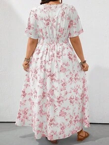 SHEIN Clasi Đầm cỡ lớn dáng rộng cổ chữ V tay cánh dơi in họa tiết gốm sứ xanh trắng, thích hợp mặc đi nghỉ mát. - Hồng - Xem 2