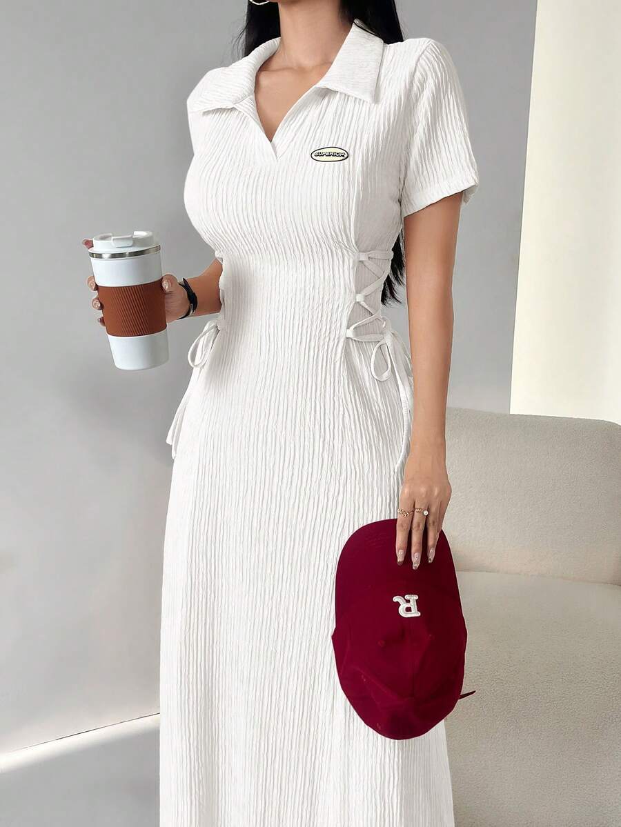 Aidyla 女士字母印花翻边袖侧腰系带中长休闲连衣裙长款晚礼服 - 白色 - 查看 1