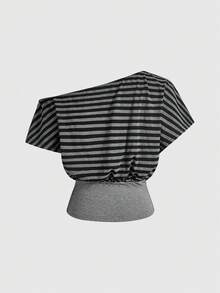 Grunge Punk Áo thun nữ kẻ sọc phong cách Y2K dáng ôm cổ bất đối xứng - Nhiều màu - Xem 2
