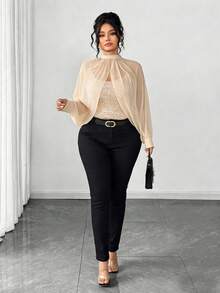 Elenzga Áo hai dây nữ thời trang đính sequin, thiết kế cổ đứng, phối cùng khăn choàng lưới và dây đeo mỏng, áo thun sequin thanh lịch, thích hợp cho các buổi tiệc mùa xuân/thu/đông, hẹn hò, Giáng sinh, Halloween, Ngày lễ tình nhân, Năm mới và các dịp khác. - Màu be - Xem 5