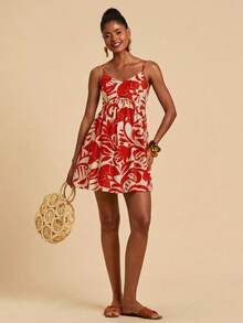 Travachic Woven Printed Spaghetti Strap Mini Dress For Women - Red - View 4